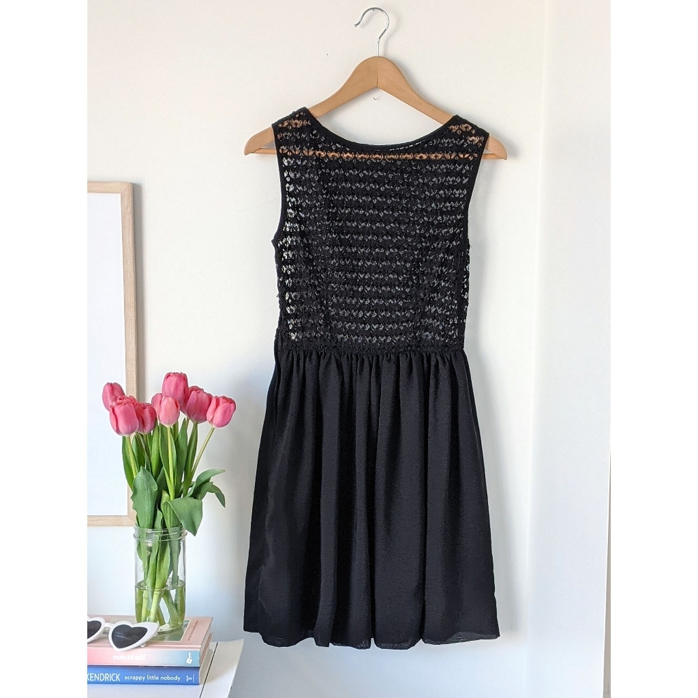 black sheer twofer dress with lace detailed top